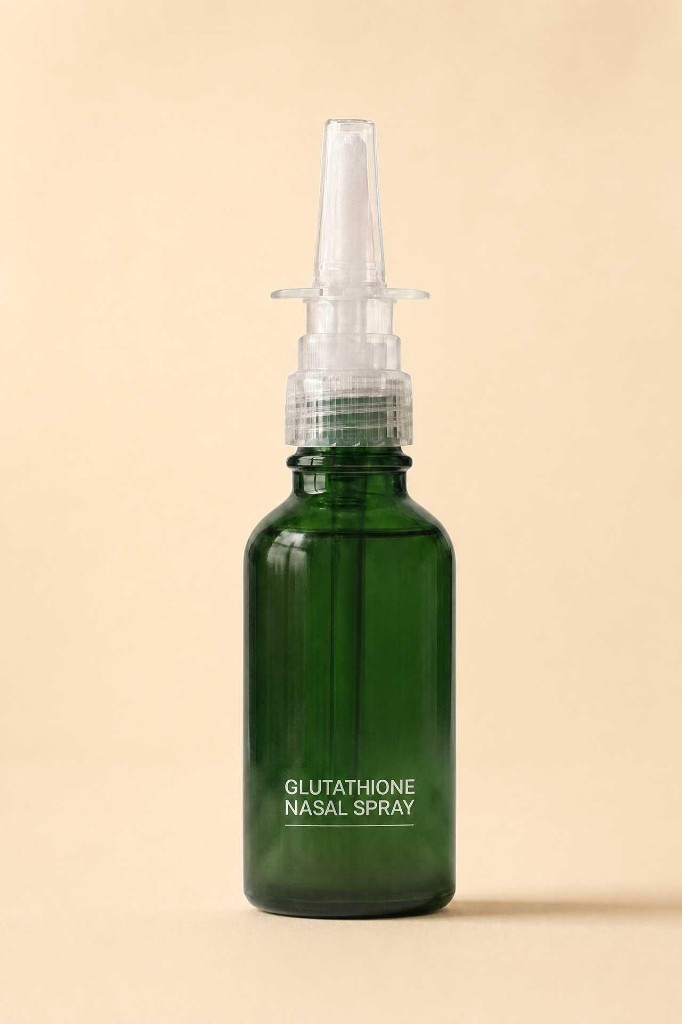 Vivo Glutathione nasal spray in a forest green glass bottle with a clear nasal applicator on a warm tan surface