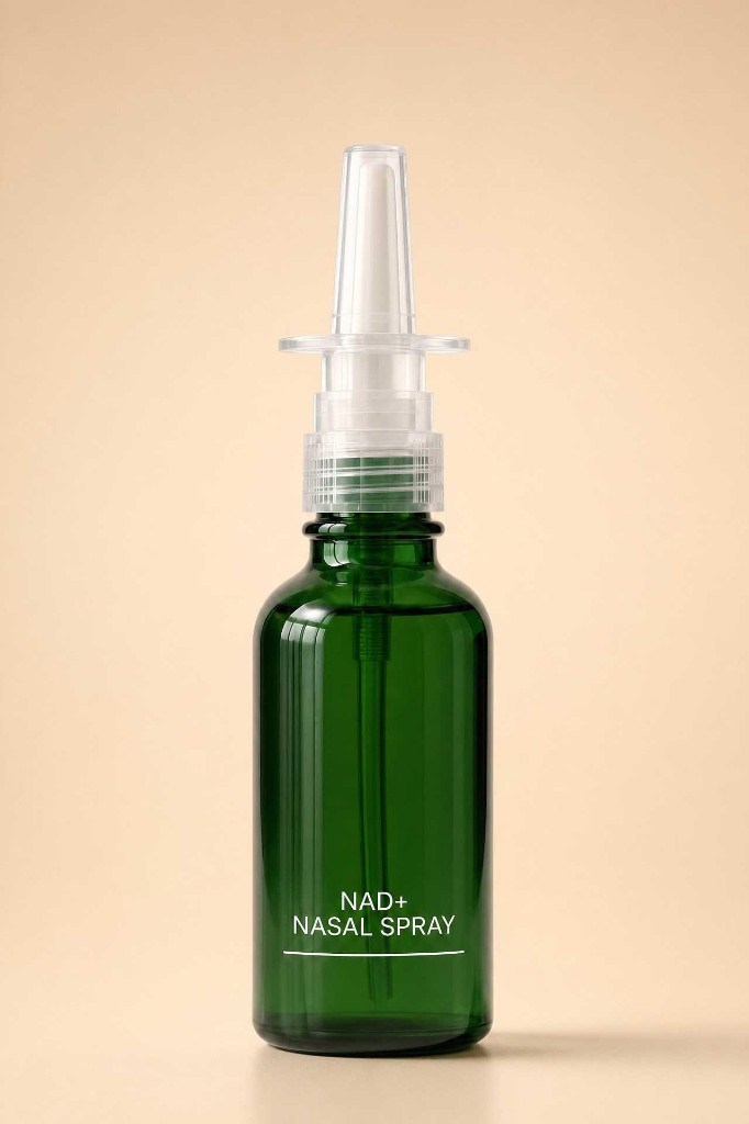 Vivo NAD+ nasal spray in a forest green glass bottle with a clear nasal applicator on a warm tan surface