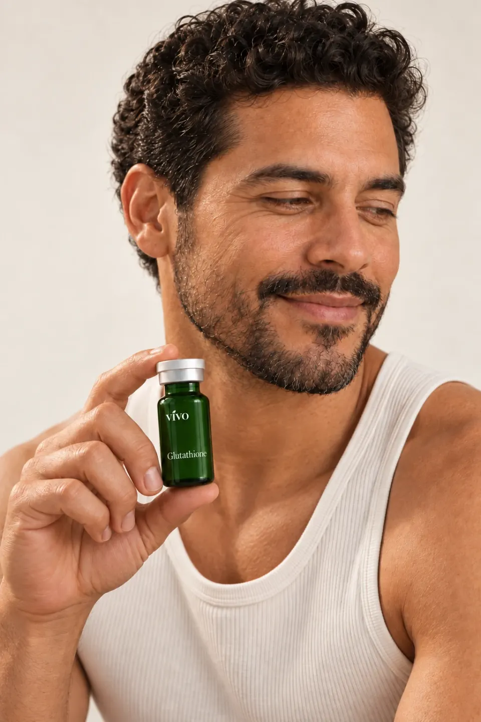 Man in a white tank top holding a Vivo Glutathione vial
