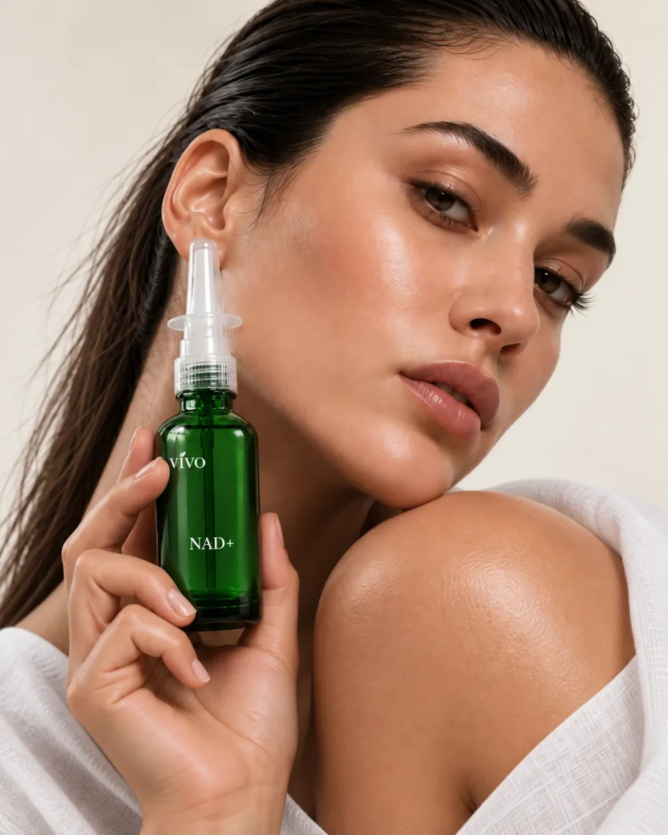 Woman with slicked-back hair holding a Vivo NAD+ nasal spray bottle beside her ear